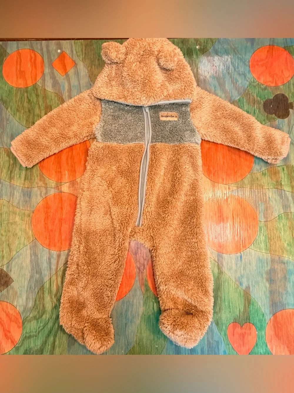 Avalanche Bear Hooded Fleece Zip One-Piece Coverall 12M Brown Green Sherpa Polye